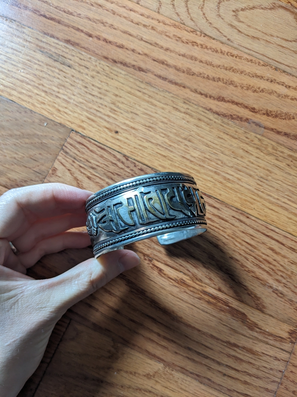 Handcrafted Silver-Tone Tibetan Script Cuff Bracelet